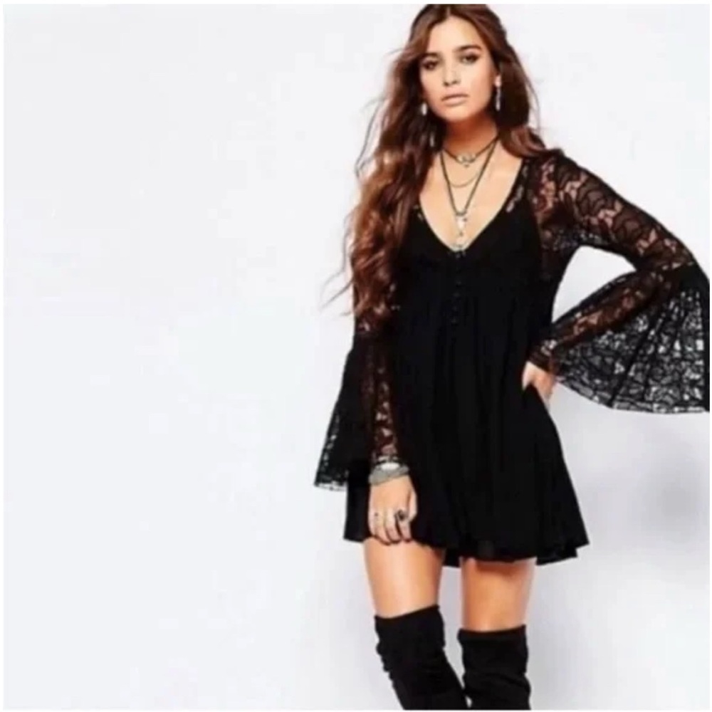 Free People With Love From India Bell Sleeve Crochet Lace Mini Boho - Picture 3 of 16